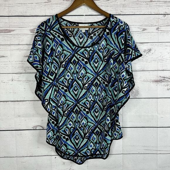 ECI New York Blouse Womens Large Blue Flutter Sleeve Costal Flowy Capsule - Picture 1 of 13